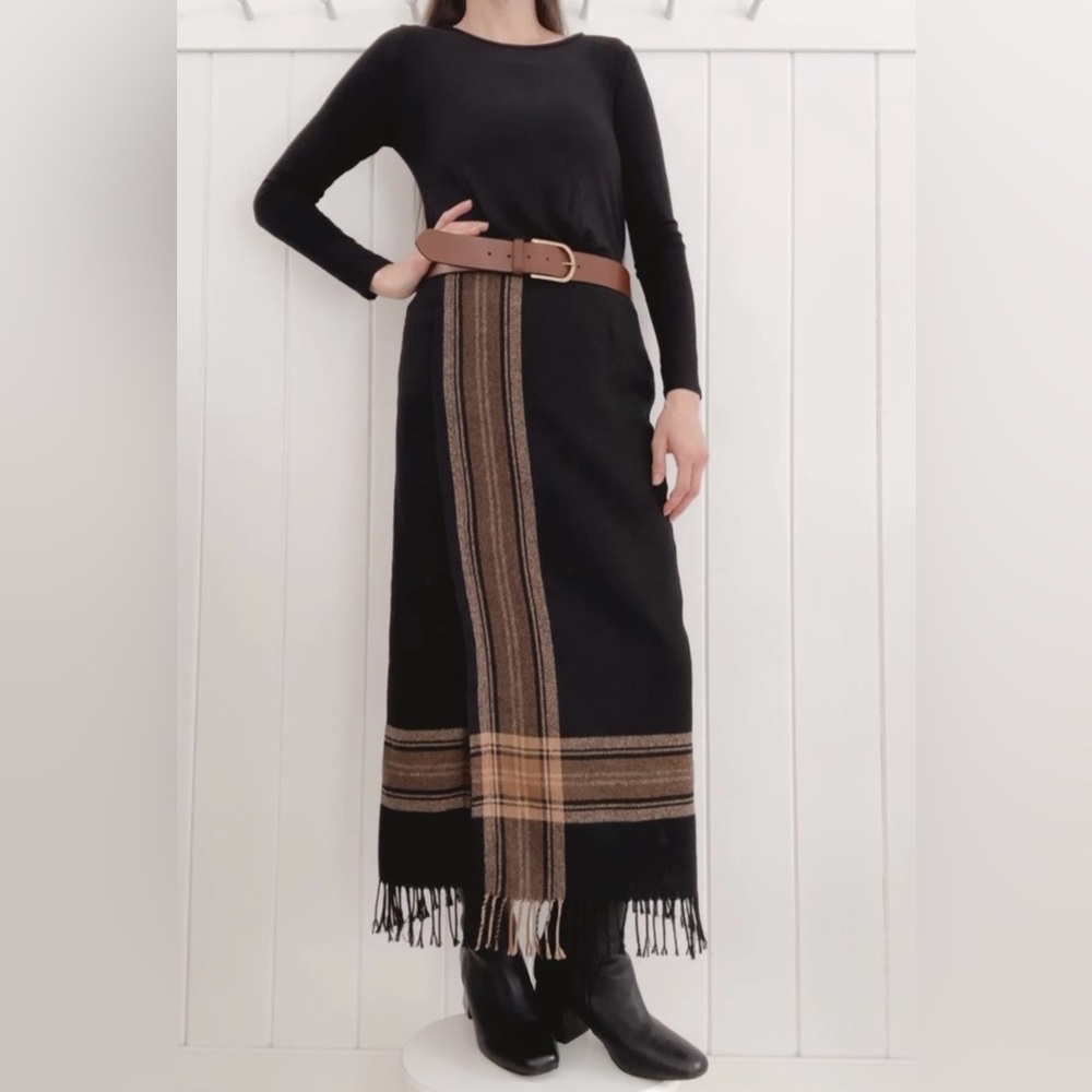 Vintage Dressbarn Wrap Skirt Plaid Fringe Wool Blend Black Brown Western Maxi - Picture 3 of 14